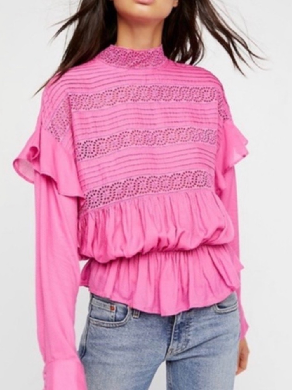 Free People Hot Pink Ruffle Eyelet Long Sleeve Top